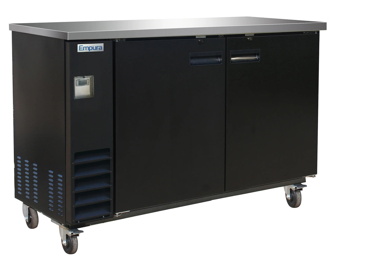 A black Empura Refrigeration back bar cooler with two doors, a vent and digital display on the left side, and four caster wheels for mobility stands on a white background. The brand name “Empura” is visible on the upper left corner.