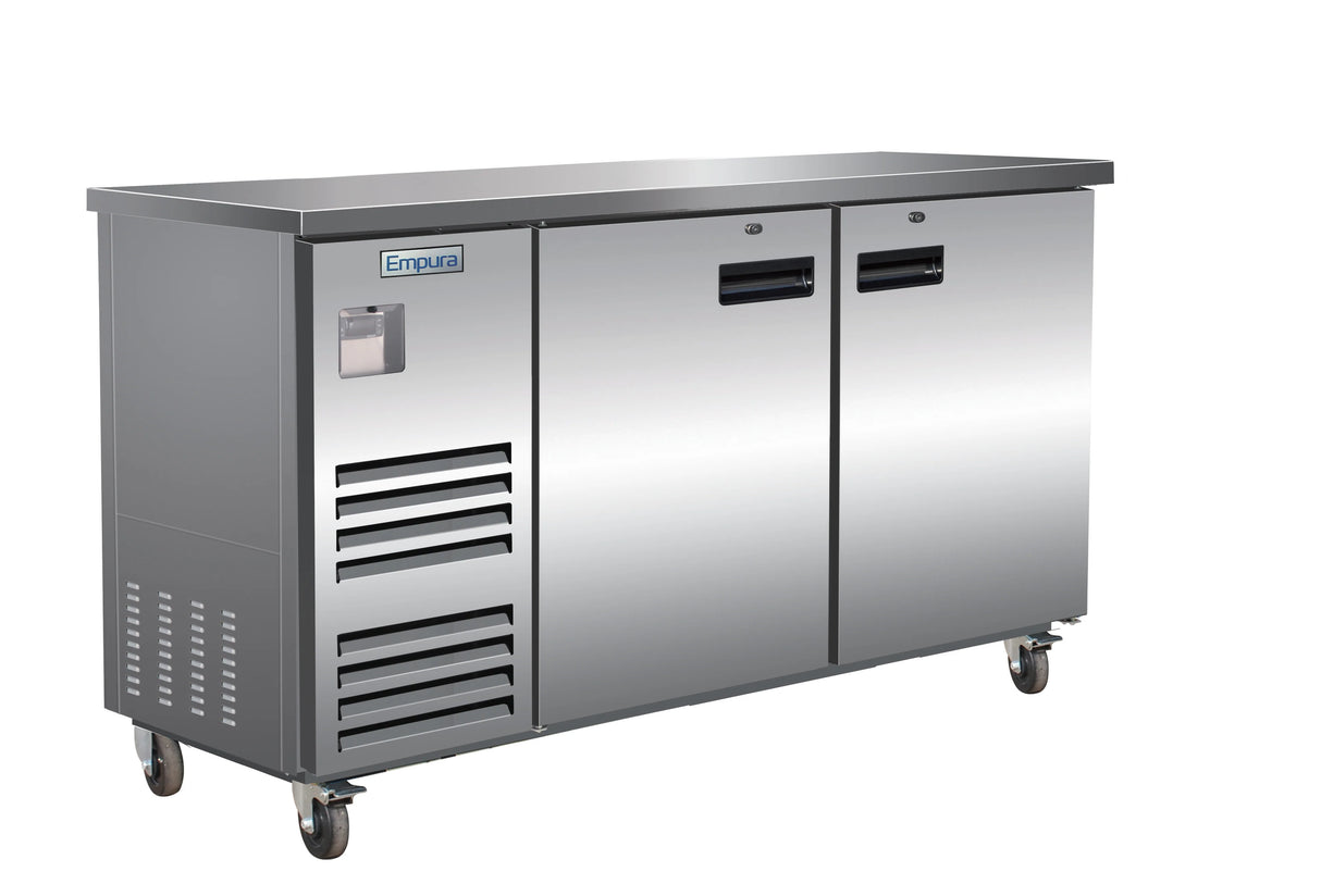 A stainless steel commercial refrigeration unit with two doors, ventilation grilles on the left side, a digital display, and four caster wheels. The Empura brand logo is visible on the upper left of this back bar cooler with a flat top surface.