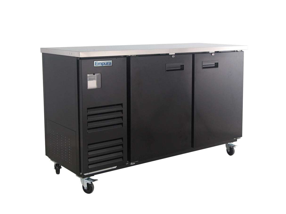 A black Empura Refrigeration Back Bar Cooler on four caster wheels features two front doors and a smooth stainless steel top. The Empura label is on the top left, with vents and a handle visible, set against a white background.