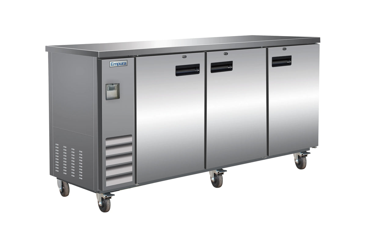 A commercial Empura Refrigeration stainless steel refrigerator with three doors, mounted on four caster wheels. The reflective surface features ventilation grilles on the left, black handles on each door, and an “Empura” brand label at the top left.