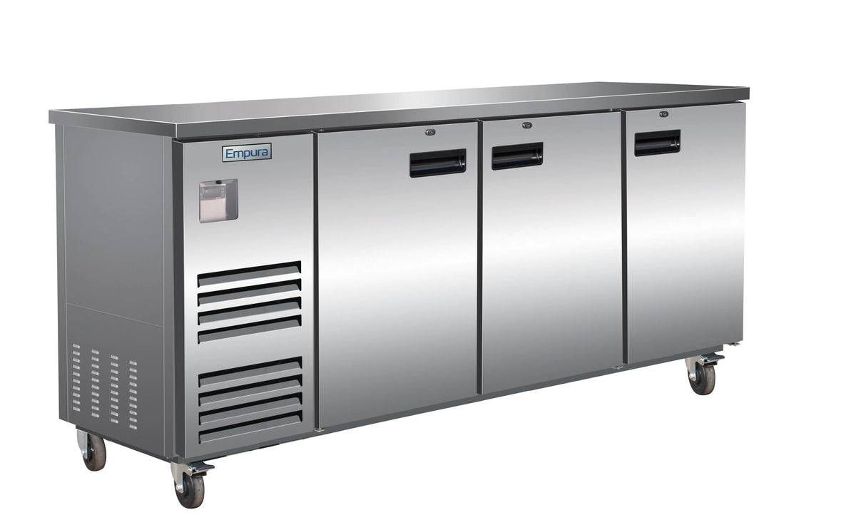 A commercial stainless steel worktop refrigerator with three front doors on wheels, ventilation slats on the left, a digital display, and the Empura logo. This sleek unit blends modern design with robust commercial refrigeration performance.