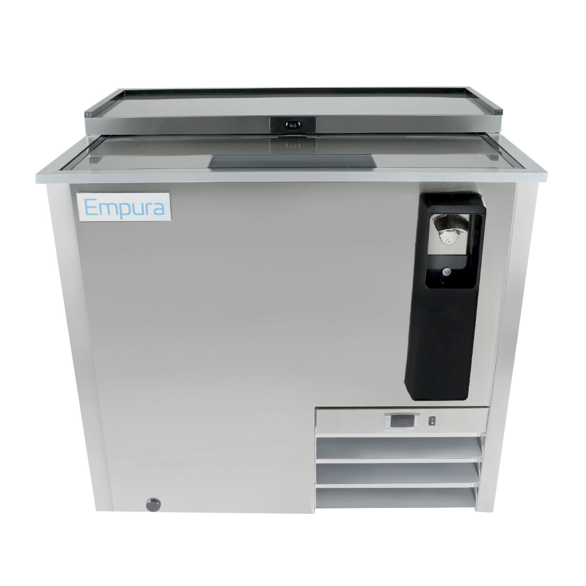 A commercial Empura refrigeration stainless steel bottle cooler with a glass top, black bottle opener, coin catcher, front ventilation grates, and temperature control panel, photographed against a white background.
