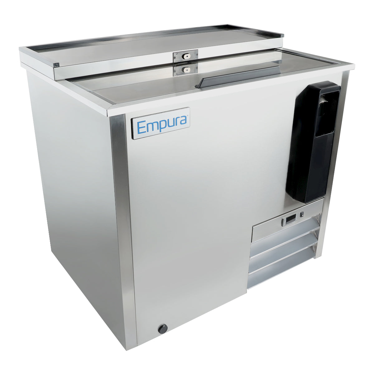 A stainless steel Empura refrigeration bottle cooler with a sliding top lid, horizontal handle, side bottle opener with cap catcher, vented panel, and blue and white Empura logo. The modern, boxy design makes it perfect for any commercial setting.