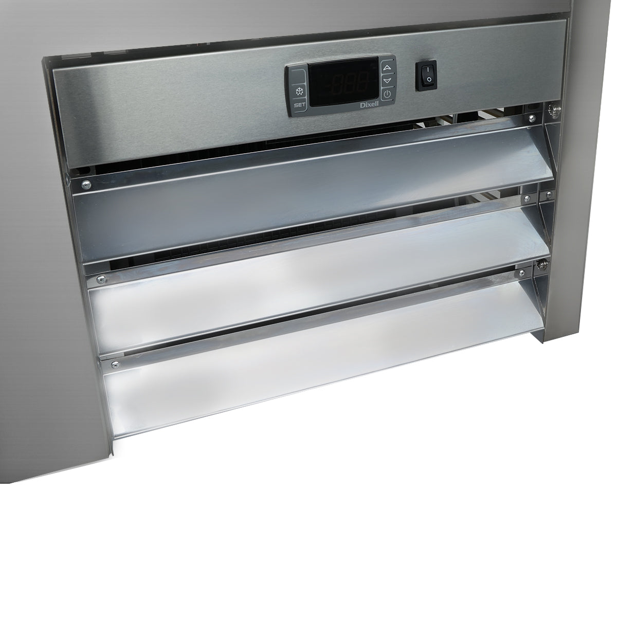 Close-up of a stainless steel industrial heater or ventilation unit with a digital control panel, similar to those found in Empura refrigeration or bottle cooler systems, featuring three angled metal louvers for air flow direction and a sleek, modern design.