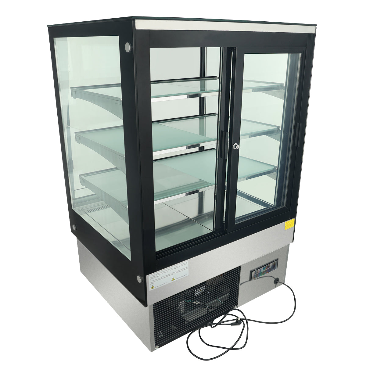 A commercial refrigerated display case with three glass shelves, black frame, and sliding glass doors. The bottom features LED lighting, stainless steel paneling, a control panel, and an electrical cord. The empty fridge stands on a white background.