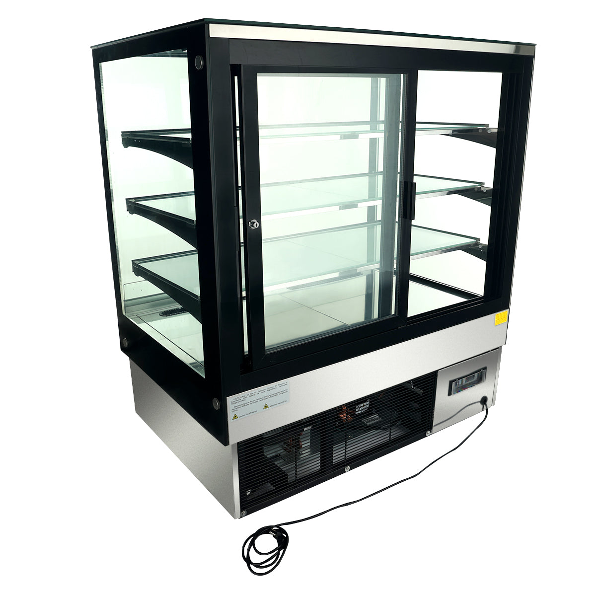A commercial refrigerated display case with three interior glass shelves, a stainless steel base, LED lighting, and clear front, sides, and top. The unit features a digital control panel, electric cord, and sliding glass doors for easy access.