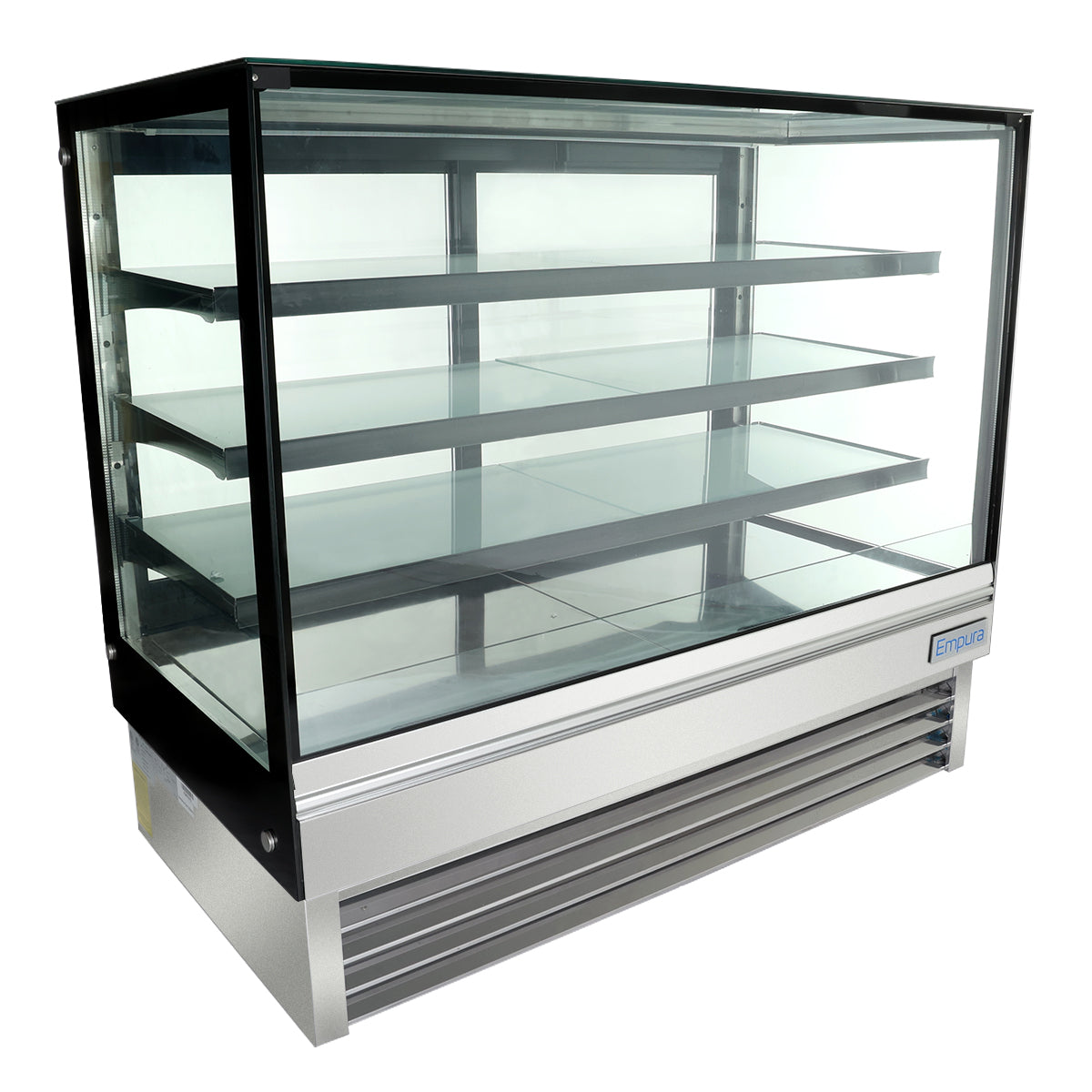 A commercial refrigerated display case with four clear shelves and a stainless steel base. The black-framed case is empty, with vents at the bottom front, indicating commercial refrigeration—ideal for showcasing food or desserts.