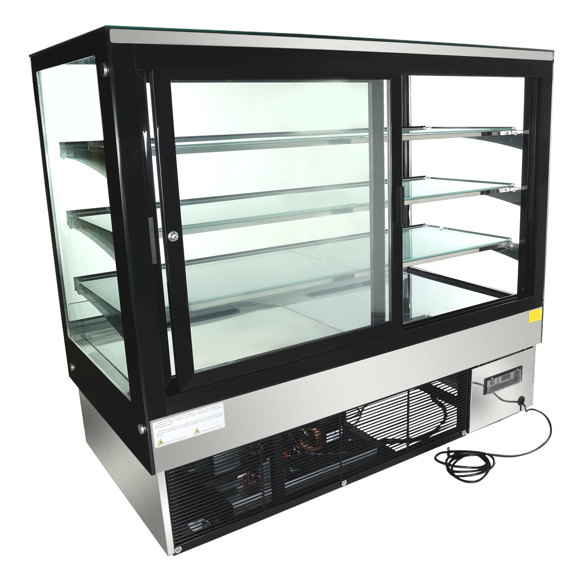A commercial glass refrigerated display case with a stainless steel base, black frame, LED lighting, and four glass shelves. The unit features sliding doors, a visible cooling system at the bottom, an attached power cord, and an empty interior.