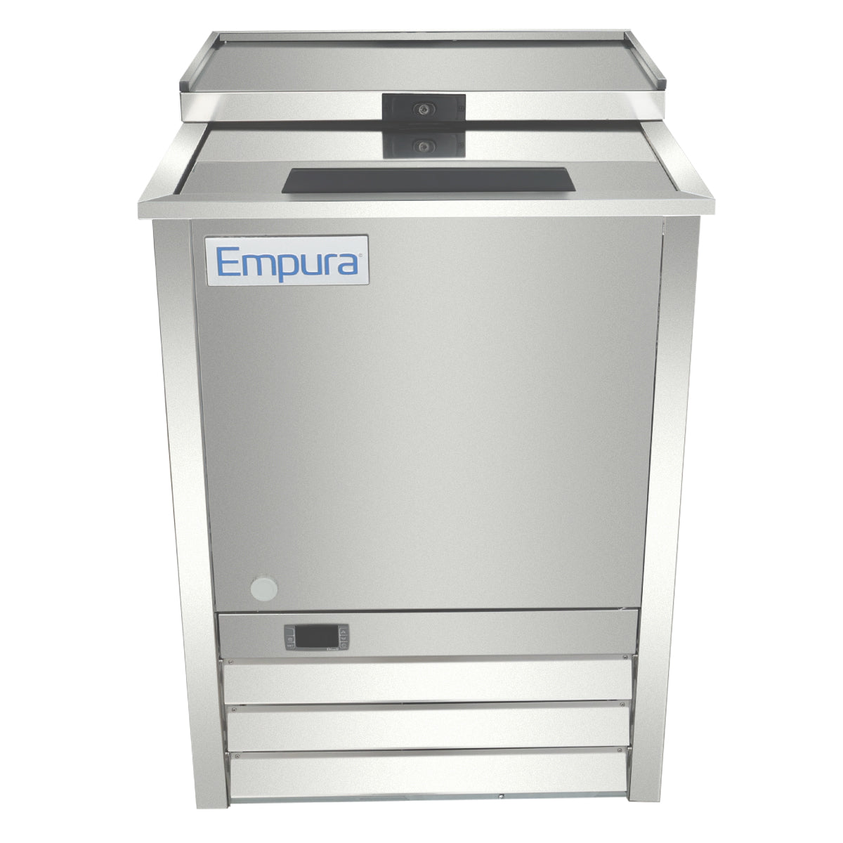 A stainless steel Empura Refrigeration commercial ice bin with a rectangular shape, hinged sliding lid on top, front logo panel, and three horizontal ventilation slats. The clean, modern design is ideal for food service settings.
