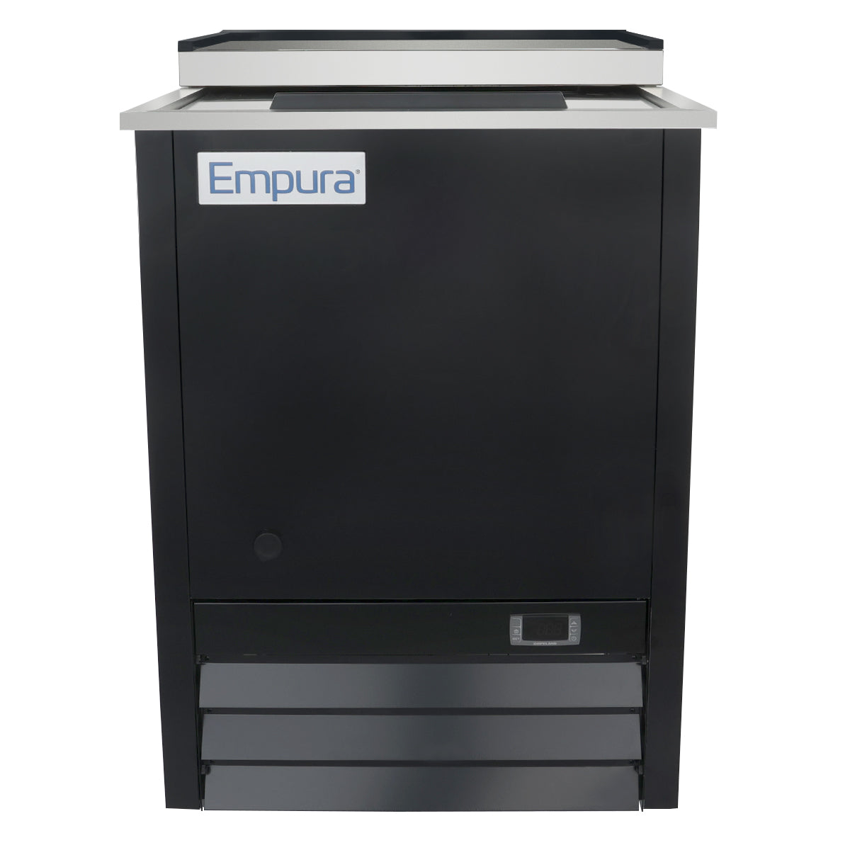 A black commercial refrigerated beverage cooler with a stainless steel top and the Empura logo on the front. It features forced-air cooling, a solid door, a small digital control panel near the bottom, and horizontal ventilation slats at the base.