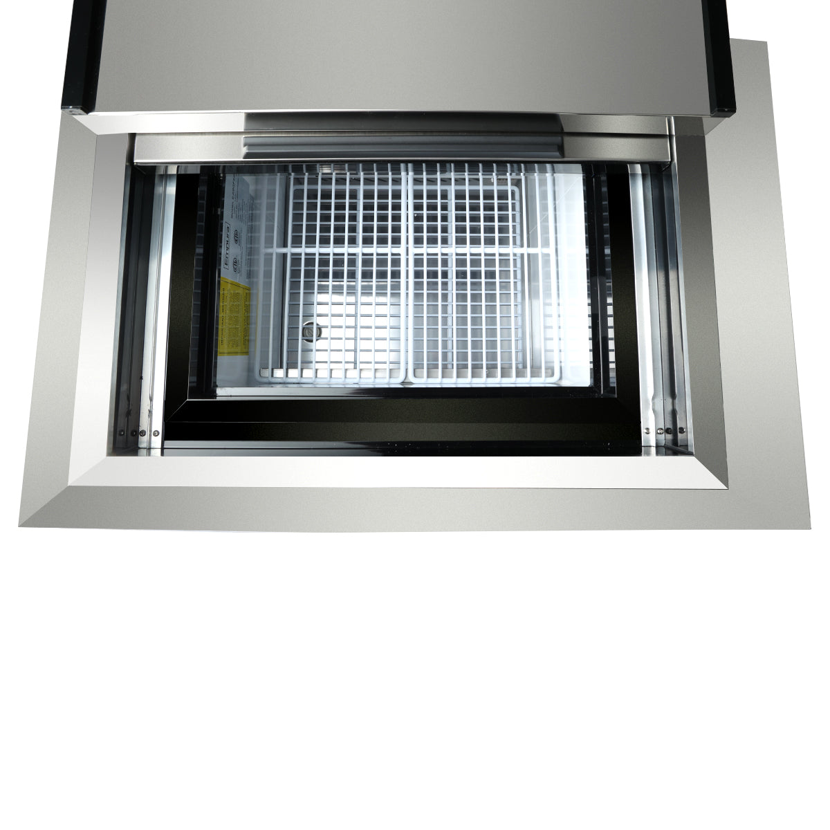 The image shows a top-down view of a metal oven or sterilizer with its door open, revealing a stainless steel interior and metal rack. The clean, shiny appliance has a white label on the left side wall. The background is white.