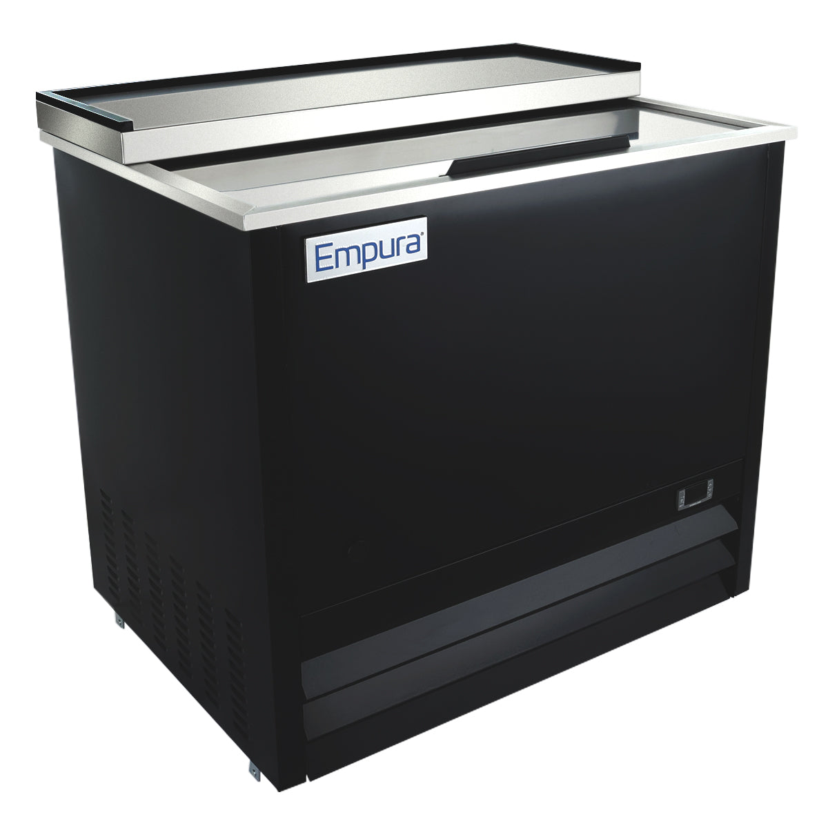 A commercial black beverage cooler with a stainless steel sliding lid, front vent, and “Empura” logo on the upper front panel. This unit offers versatile drink storage, making it ideal for busy bars or restaurants needing a reliable commercial freezer.