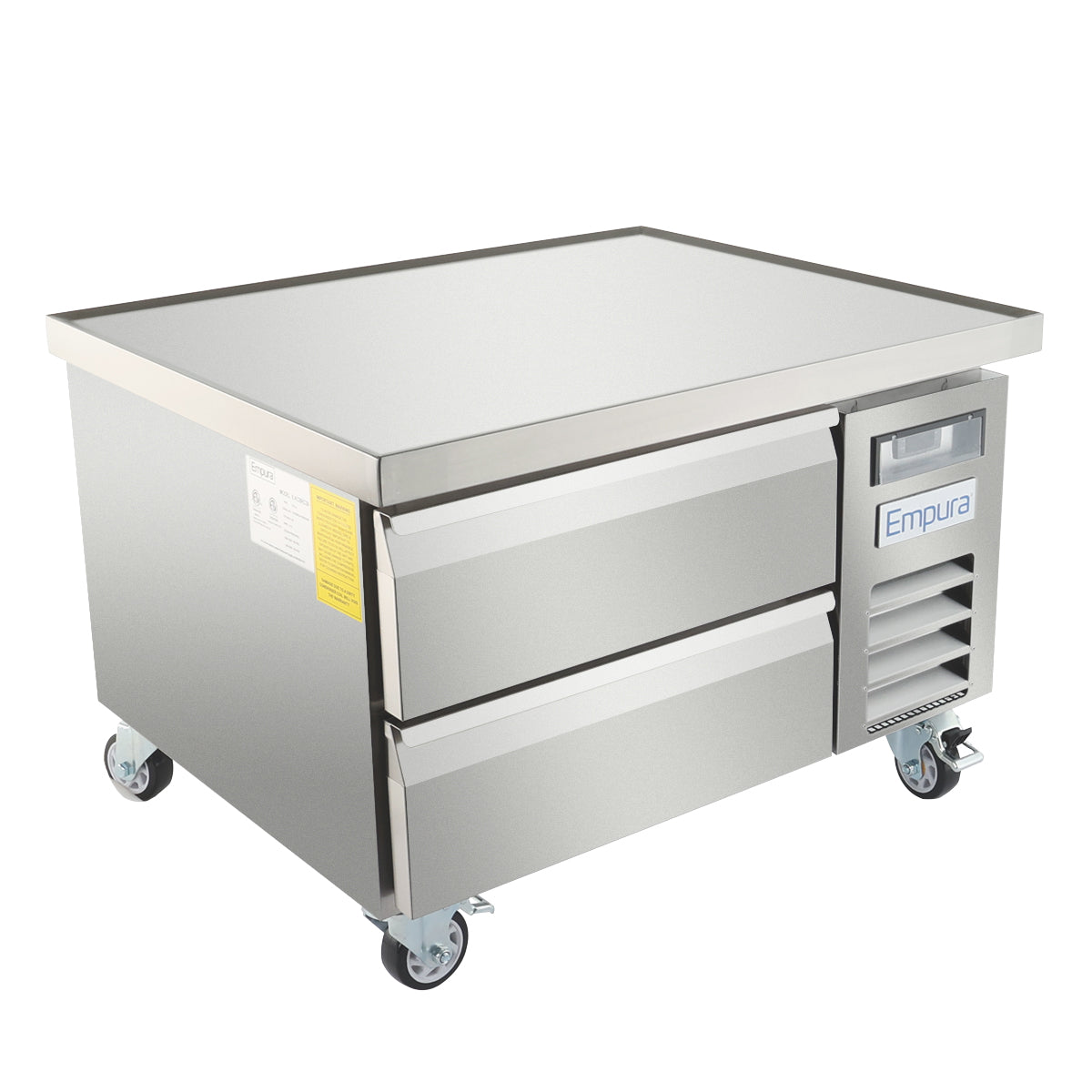 A commercial Empura refrigeration prep table with two pull-out drawers, a vented cooling unit, and four caster wheels. This stainless steel refrigeration unit features a smooth flat worktop and a clean, modern appearance.