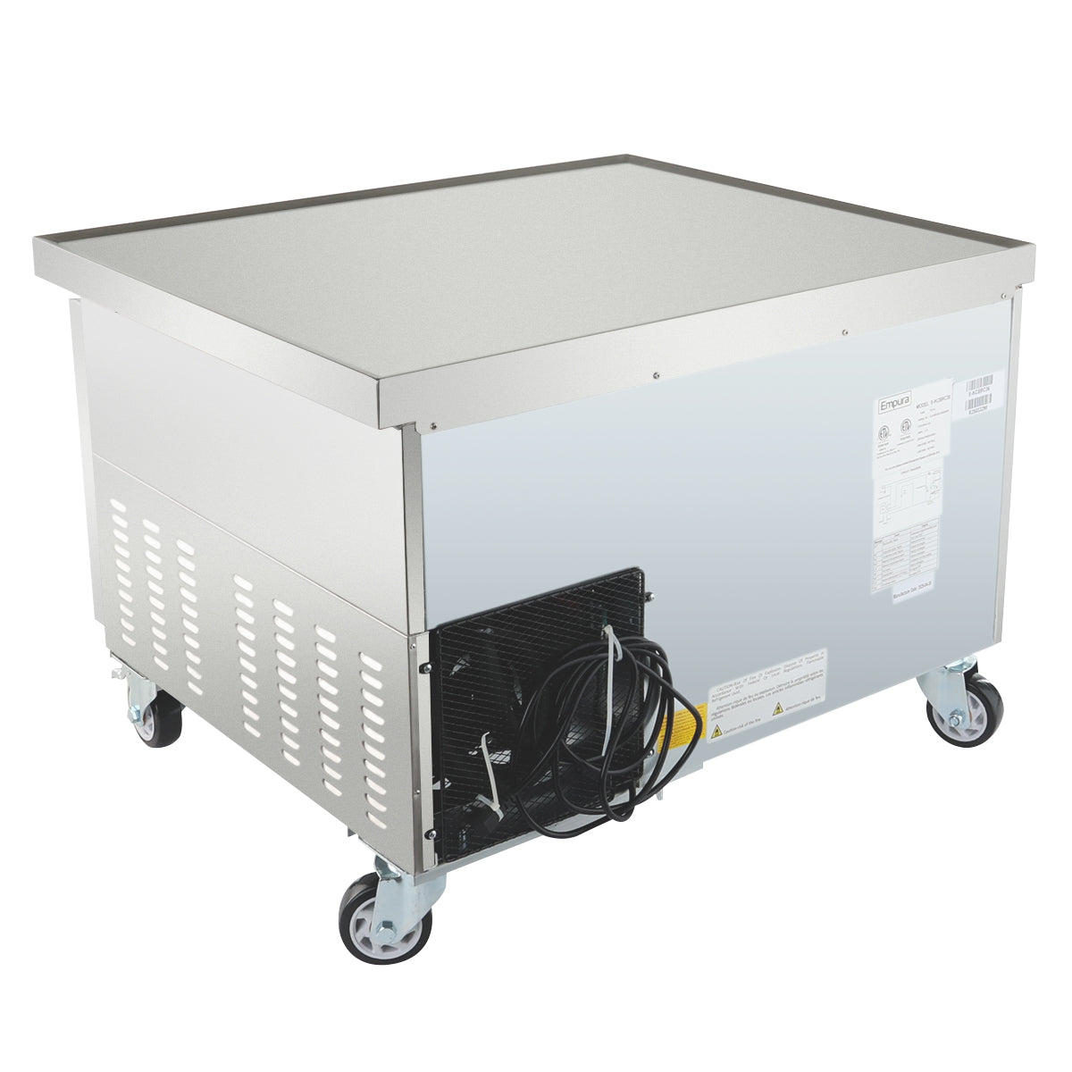 An Empura refrigeration stainless steel refrigerated equipment stand with a flat top, side ventilation panels, exposed electrical components and cord at the back, caster wheels for mobility, plus information labels and warning stickers on the side.
