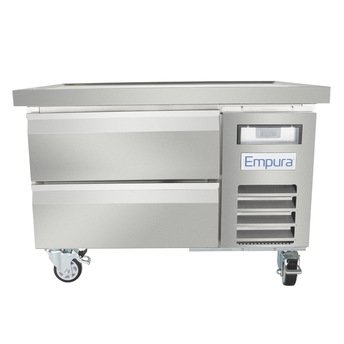 A commercial Empura refrigeration stainless steel prep table with two drawers, ventilation grates, digital display, and heavy-duty caster wheels. This sleek refrigerated equipment stand features a flat surface and industrial design for any kitchen.