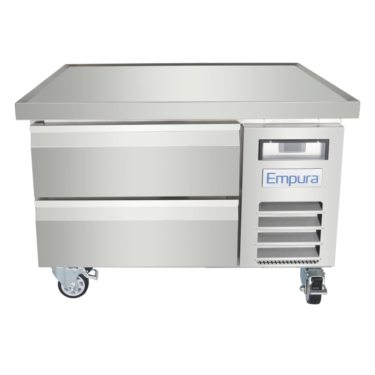 A stainless steel Empura Refrigeration unit with two roomy pull-out drawers on the left and a vented compressor section on the right. This Refrigerated Equipment Stand is set on four lockable wheels for easy mobility in any kitchen.