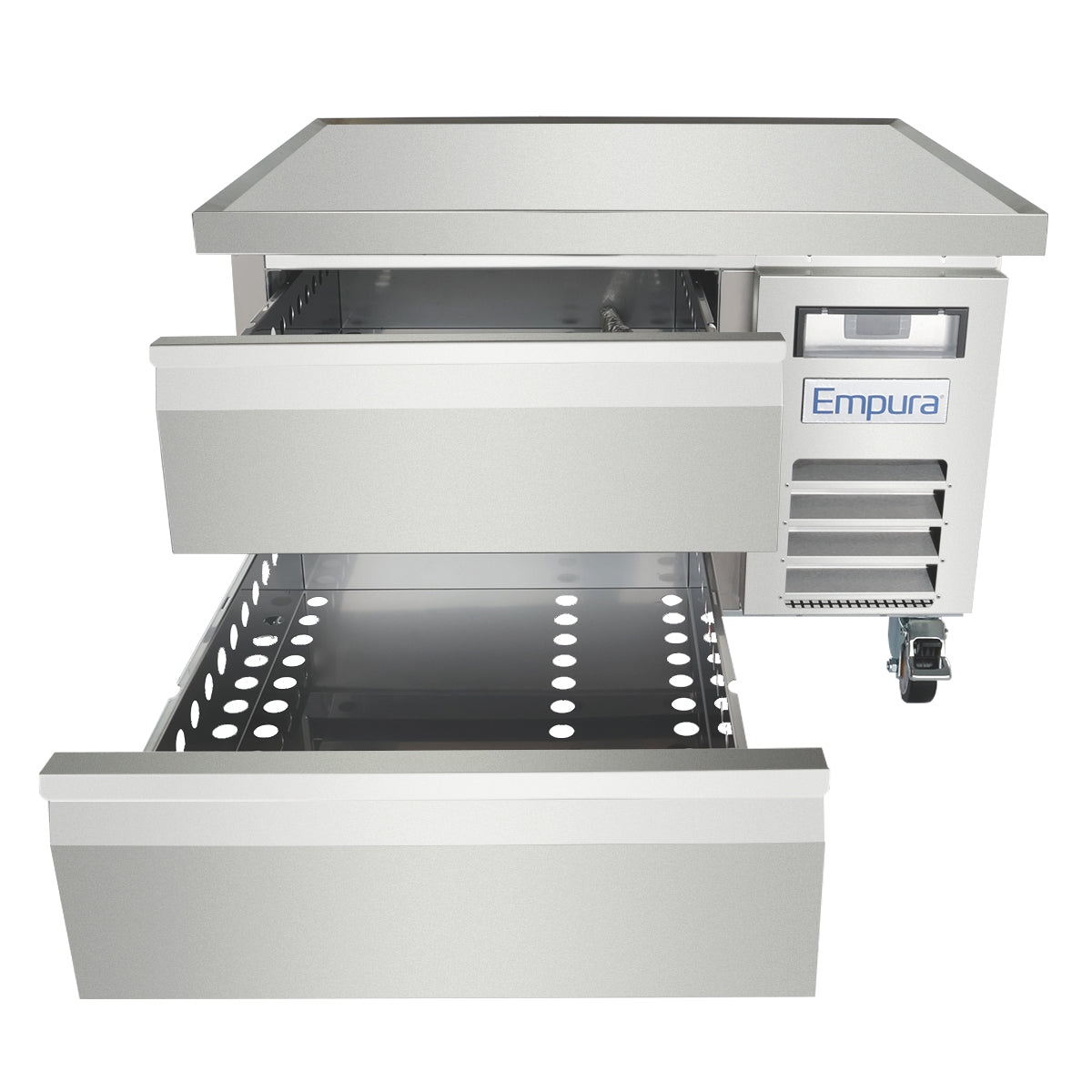 A stainless steel Empura refrigeration unit serves as a refrigerated equipment stand, featuring two open drawers with perforated trays, a vented section with a fan, four wheels (one with a brake lever), a flat top, and a digital control display.
