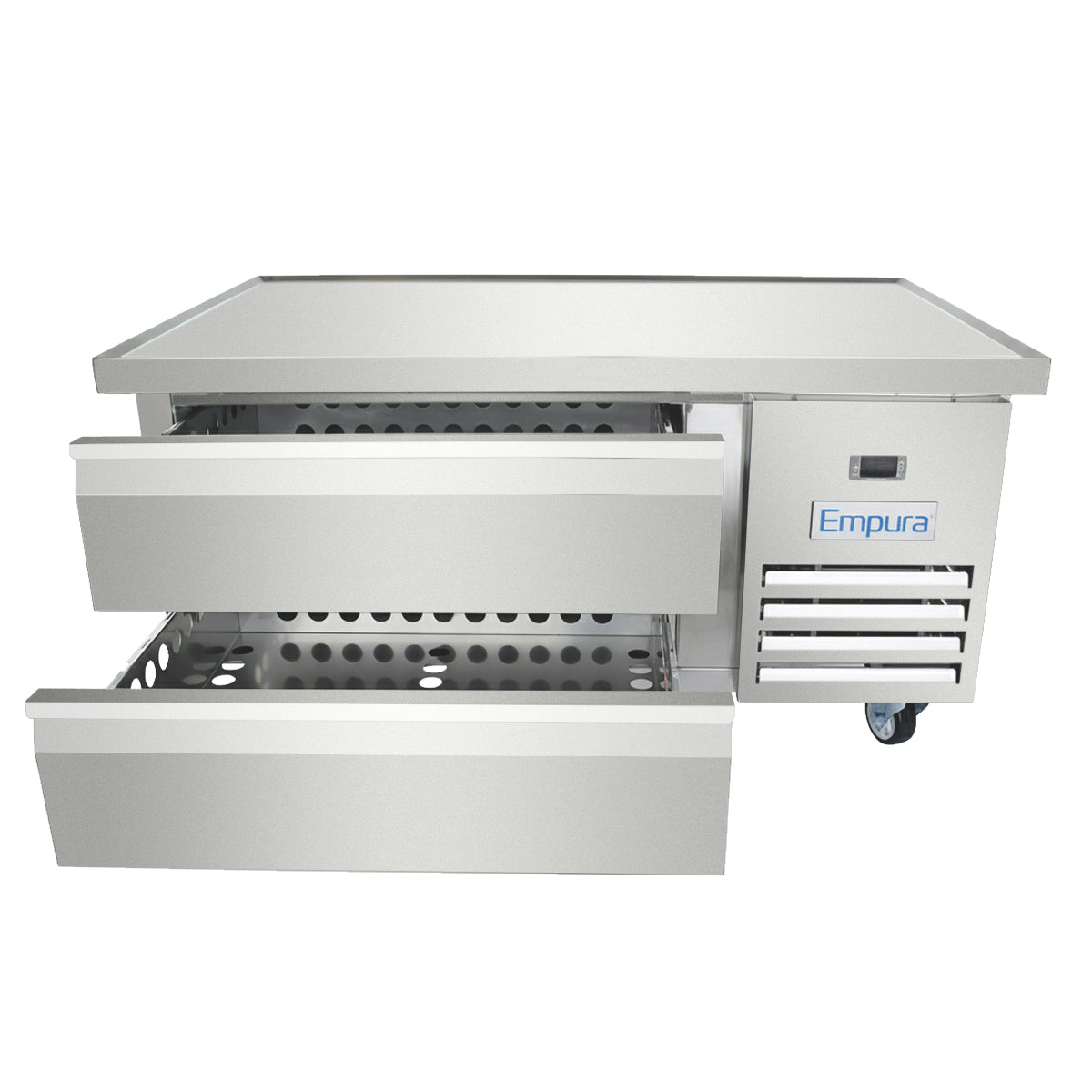 A stainless steel Empura refrigeration equipment stand with two open drawers, ventilation slats, a blue Empura logo, and caster wheels. The drawers feature perforated metal bottoms and the design is clean and industrial.