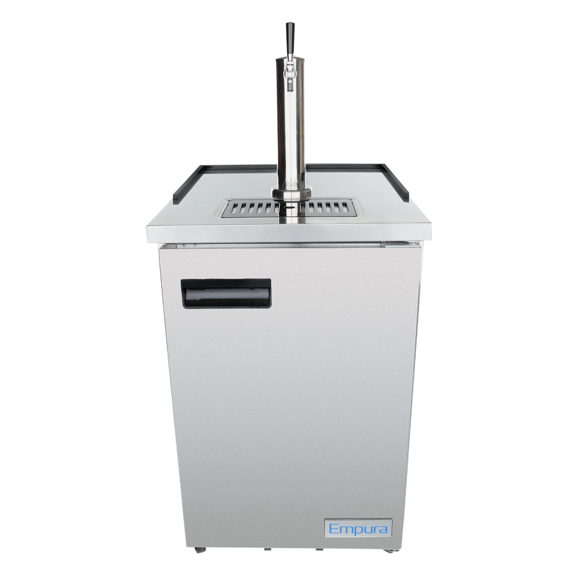 A modern, rectangular direct draw beer dispenser with a stainless steel exterior, featuring a black tap handle on top. The front has a black handle and blue Empura logo, while a drip tray sits beneath the tap tower for convenience.