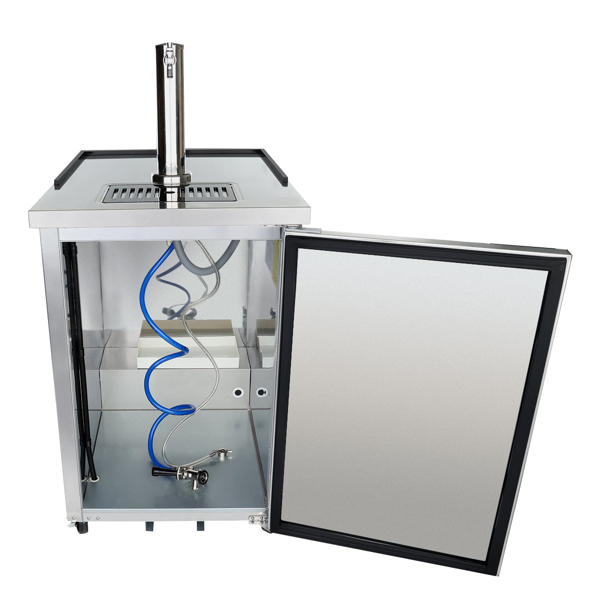 A stainless steel kegerator with a stainless steel exterior and its front door open reveals blue and gray tubing, keg connectors, and shelves inside. The top features a draft beer tower, drip tray, and direct draw beer dispenser for effortless pouring.