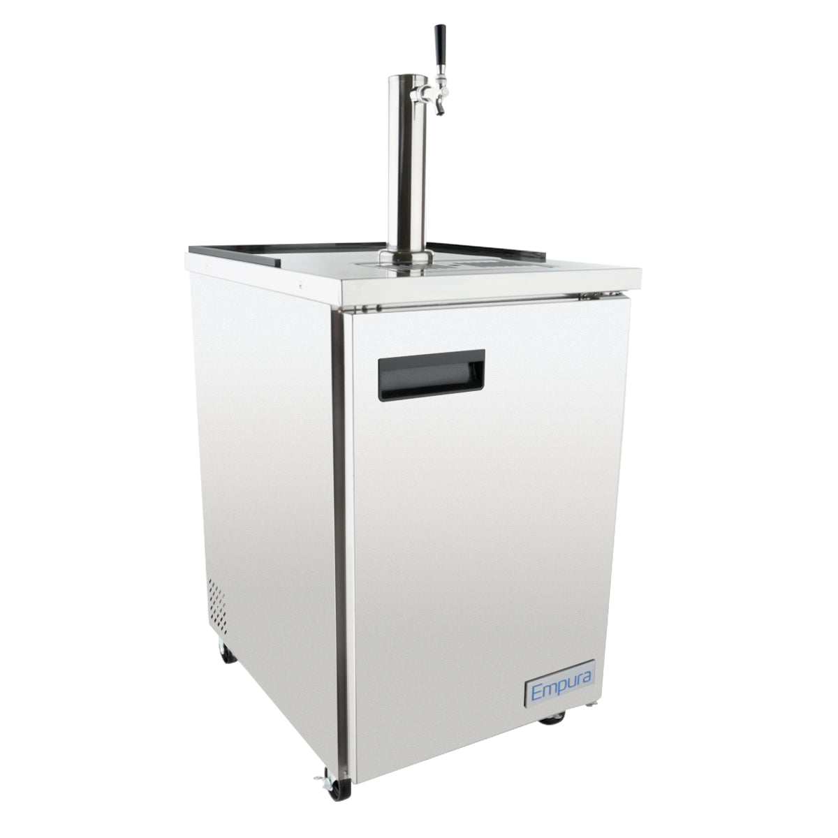 This Empura kegerator features a stainless steel exterior and single tap, with a recessed black handle on the front door. Its direct draw beer dispenser design holds a half keg capacity and includes small wheels for easy mobility.