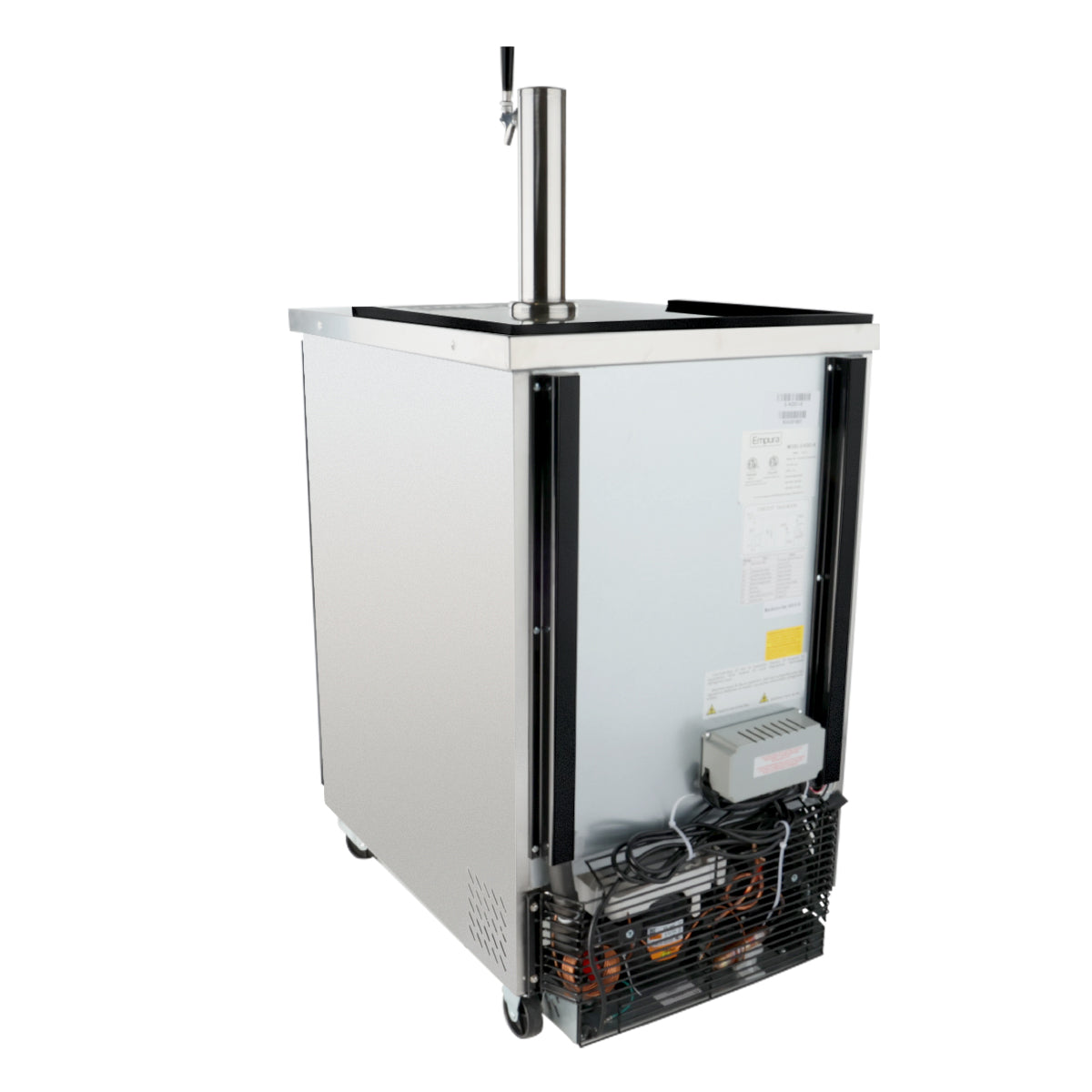 A direct draw beer dispenser with a stainless steel exterior is shown. The back panel is removed, revealing cooling components, wiring, and a ventilation fan. The unit offers half keg capacity, caster wheels for mobility, and side handles for easy transport.