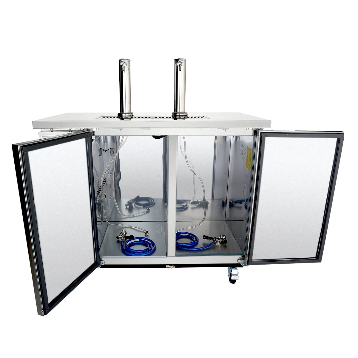 A stainless steel Direct draw beer dispenser with two doors open, revealing an empty interior divided into two sections. Each section contains a blue hose and coupler at the bottom. Twin tap towers are mounted on top, and the unit is on caster wheels.