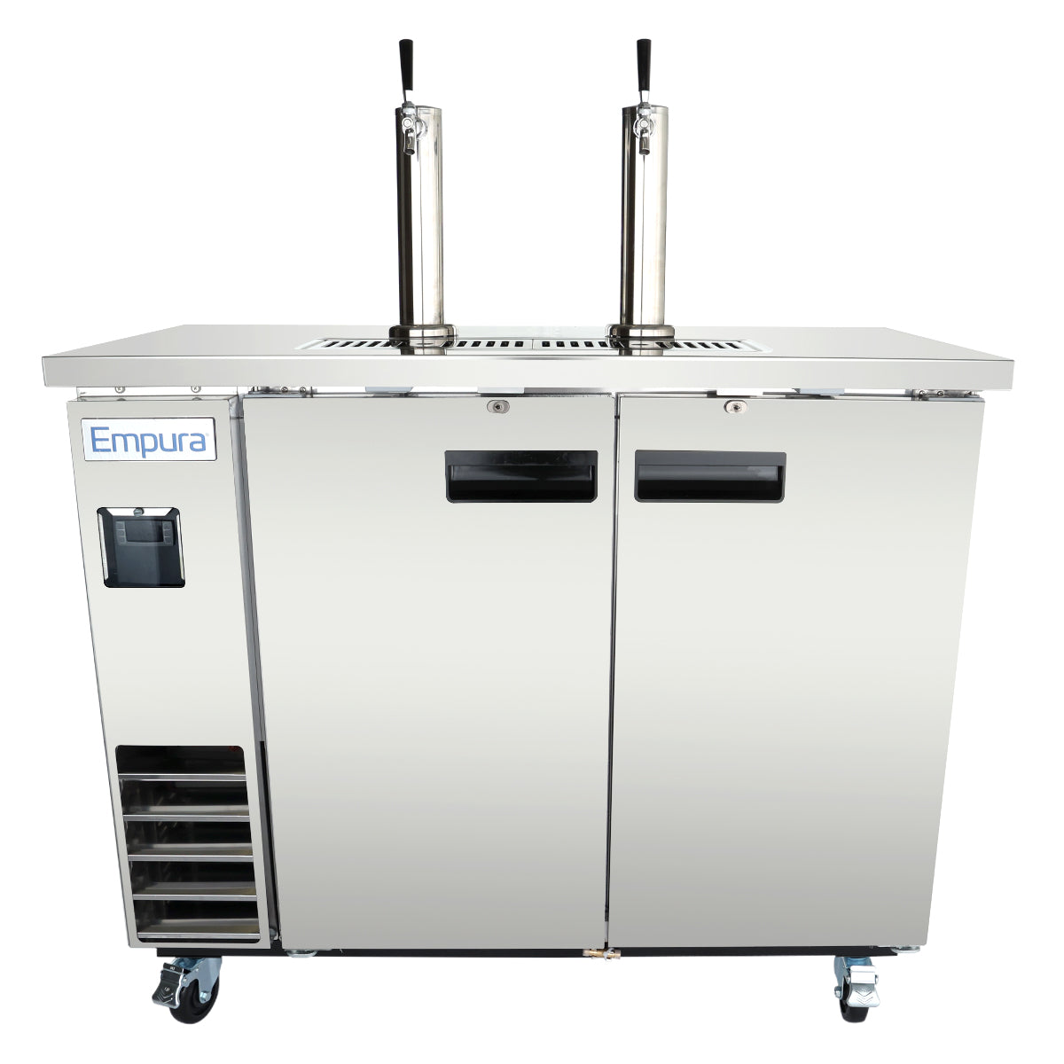 A stainless steel Empura refrigeration beer keg cooler with two tap handles, two doors, a vented panel on the lower left, black handles, wheels for mobility, and an Empura brand label on the upper left corner.