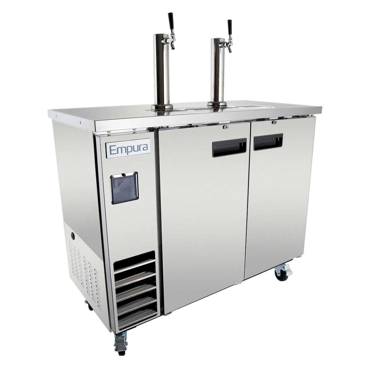 A stainless steel commercial beer kegerator with two tap towers, double doors, a left-side vented cooling system, small Empura display, and caster wheels. This clean, modern direct draw beer dispenser is perfect for serving fresh draft beverages.