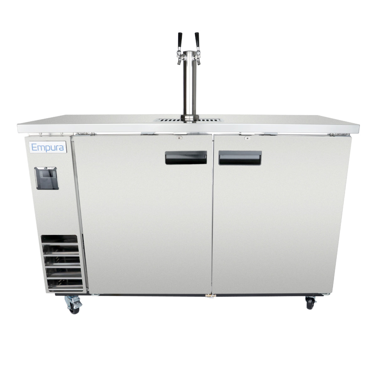 A stainless steel commercial beer dispenser with two tap handles on top, two black-handled doors, a vent and control panel on the left, and four caster wheels below. The Empura brand is labeled on the left side.