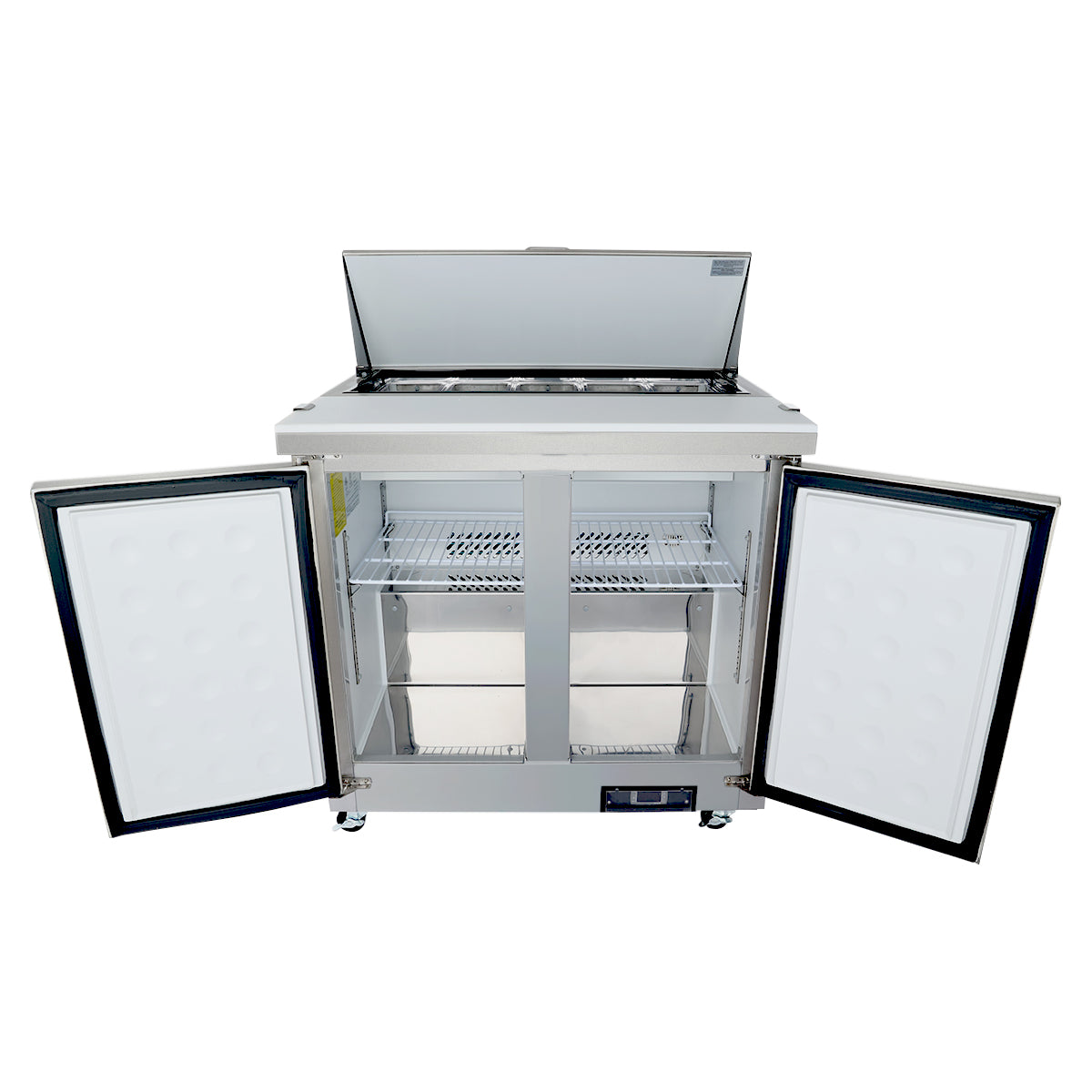 A commercial Empura refrigeration unit with two side-by-side doors open at the front, revealing wire shelves inside. The top lid is also open, making it ideal as a refrigerated sandwich prep table or salad prep table on small caster wheels.