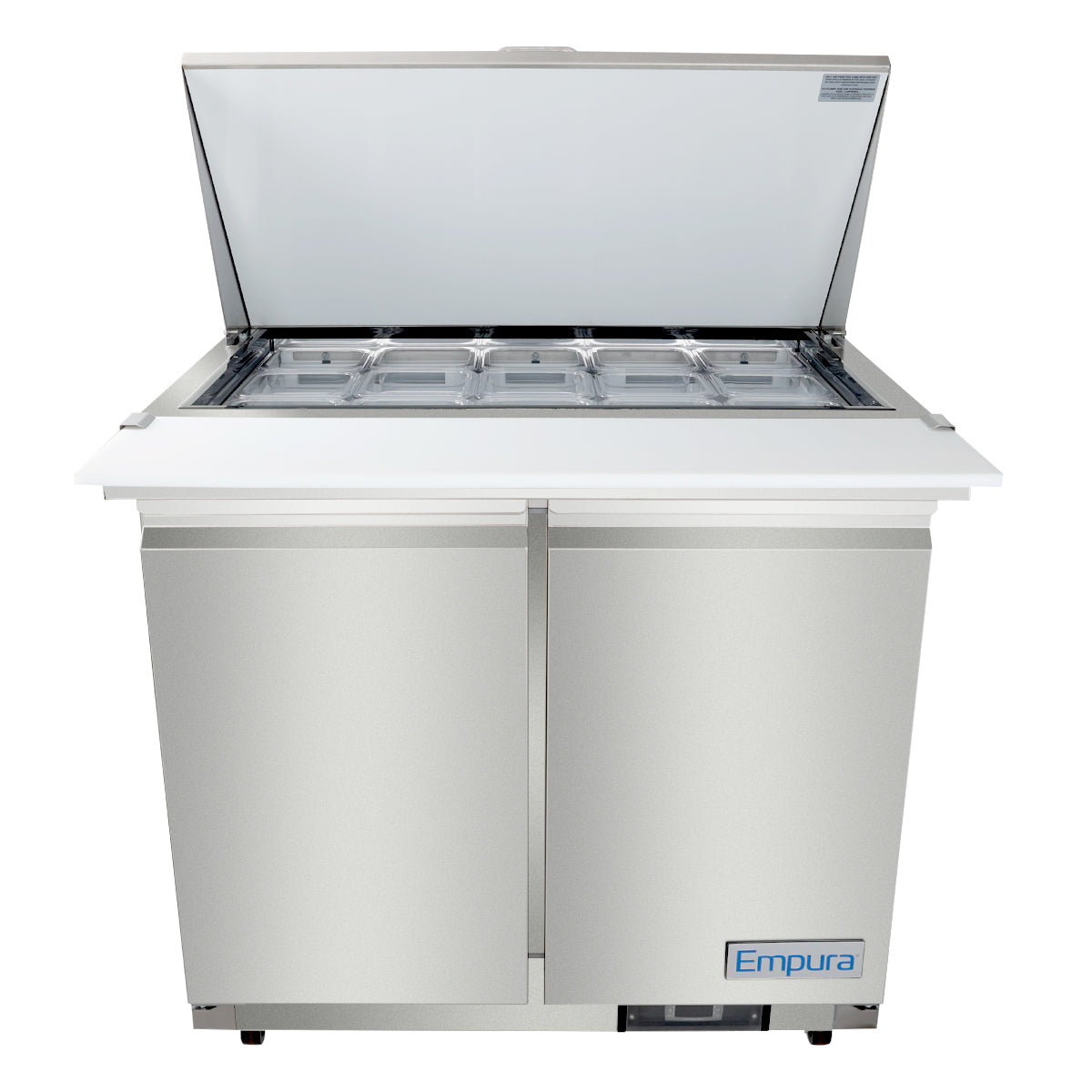 A stainless steel Empura refrigerated sandwich prep table with an open top lid reveals multiple covered metal food pans in rows. Two doors sit below a white cutting board across the front, and the Empura refrigeration brand is visible on the bottom right.