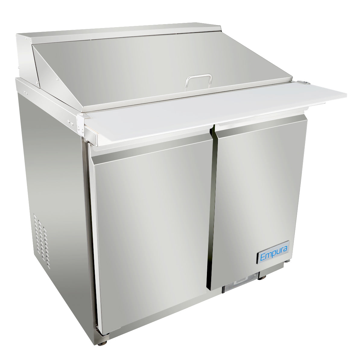 A stainless steel Empura refrigeration unit with two doors and a hinged top lid. This refrigerated sandwich prep table features a flat white prep surface, while the Empura brand name appears on the lower right door, set against a white background.