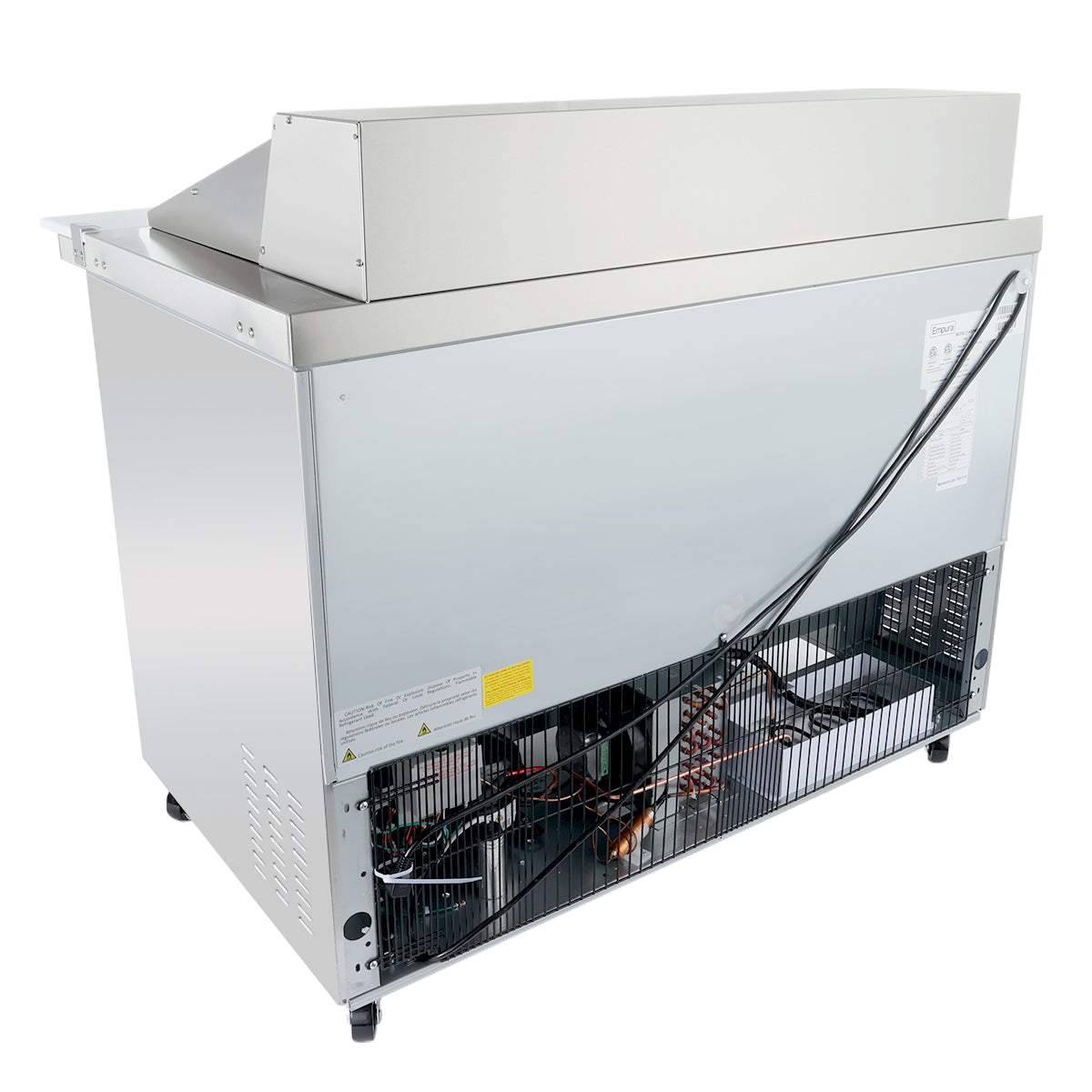 A commercial Empura refrigerated table is pictured from the back, showing exposed cooling components, wiring, a vented lower panel, and wheels. A black power cord hangs over the unit, with warning labels visible on the metal surface.