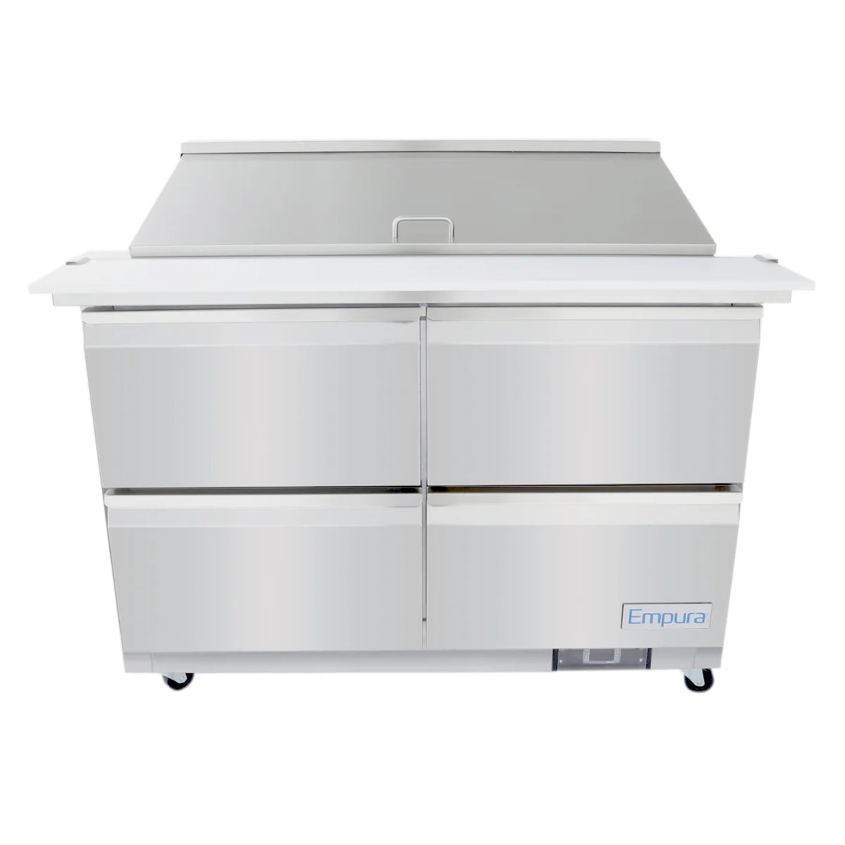 A large Empura refrigeration salad mega top prep table with four doors and a hinged lid, featuring a sleek stainless steel finish, reflective surface, and wheeled base. The Empura brand is displayed on the lower right corner.