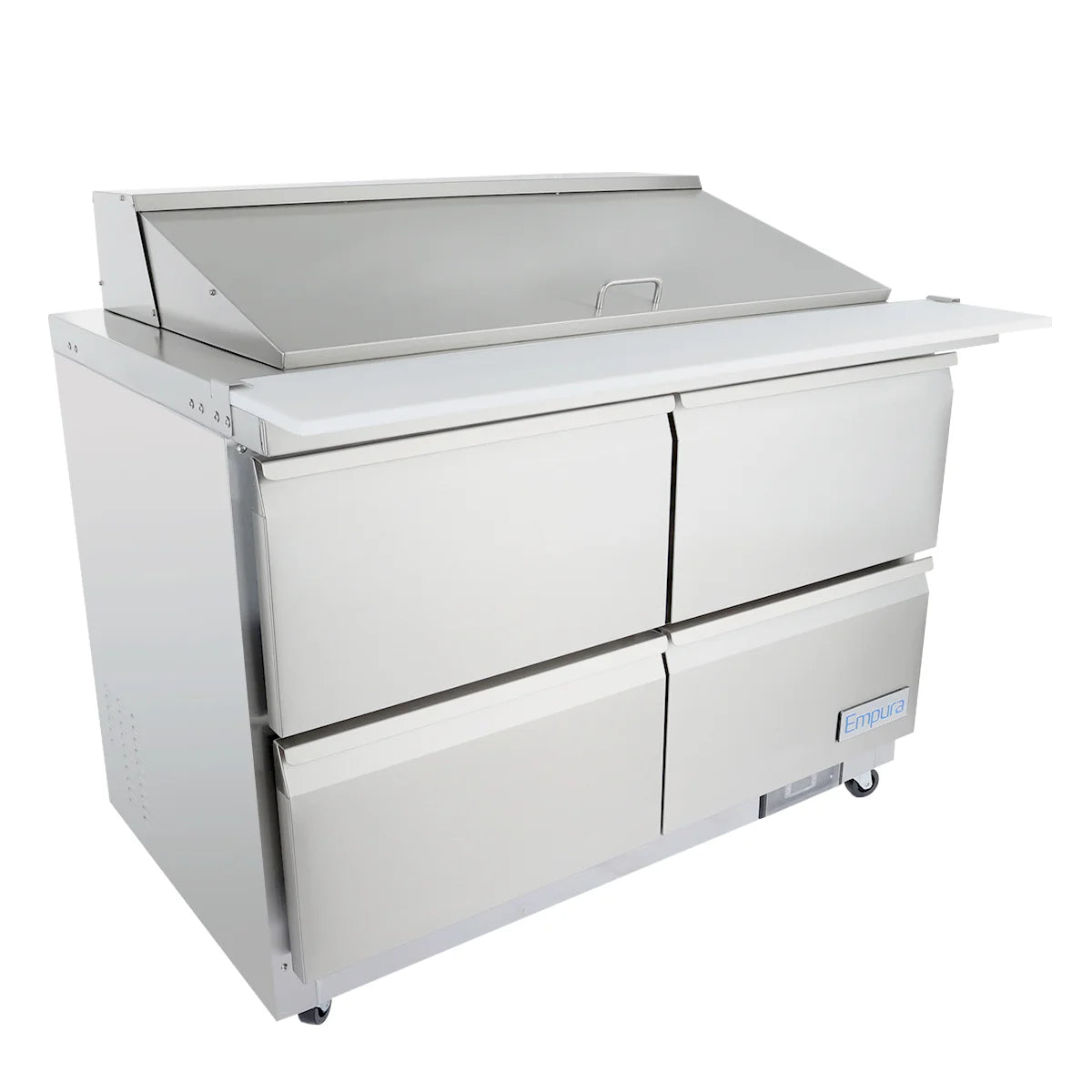 A large Empura refrigerated sandwich prep table with a raised, lidded mega top and four spacious drawers stands on wheels. The clean, industrial unit displays an “Emura” label on the lower drawer, ideal for busy commercial kitchens.