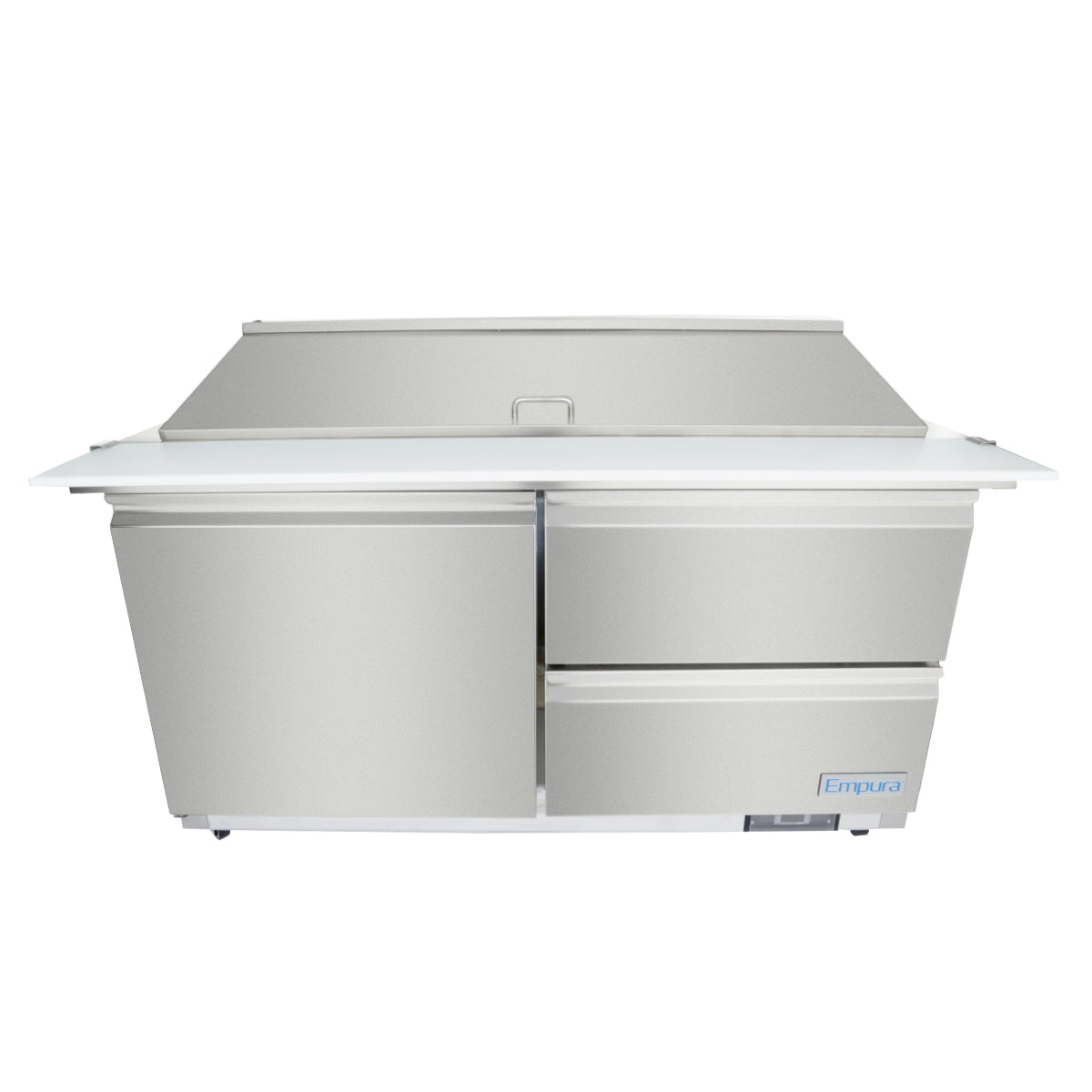 A commercial Empura refrigerated sandwich prep table with two large doors on the left and two drawers on the right, featuring a flat white countertop, an elevated covered compartment for ingredients, and the Empura logo on the front panel.