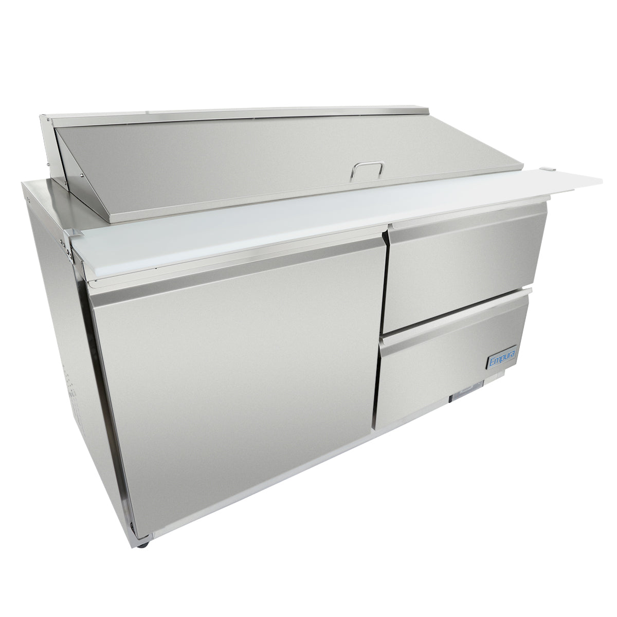 A refrigerated sandwich prep table with Empura refrigeration, featuring a large top lid, two storage drawers, and a front door. The white cutting board surface is ideal for restaurant kitchens, offering ample prep space and refrigerated storage.