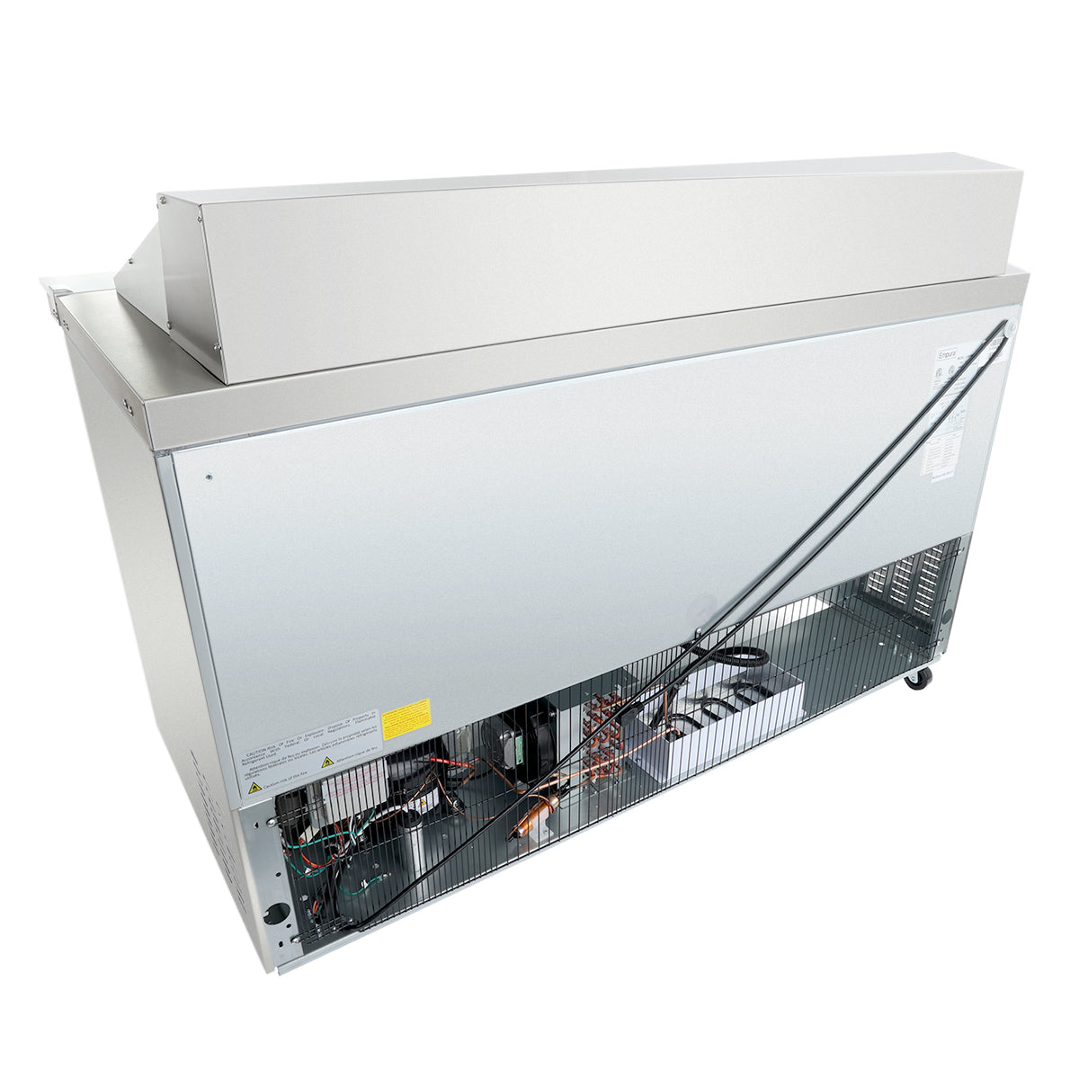 A commercial Empura refrigeration unit with a silver metal exterior is shown from the back. The open panel reveals wiring and copper coils. This refrigerated sandwich prep table stands on caster wheels, with a support rod holding the panel open.