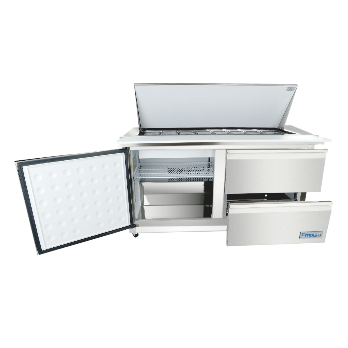 A commercial freezer with Empura refrigeration features a top lid open, left front door open showing shelves, and two right drawers partially out. The metallic silver exterior has an Empura logo; the white interior includes wire baskets and compartments.