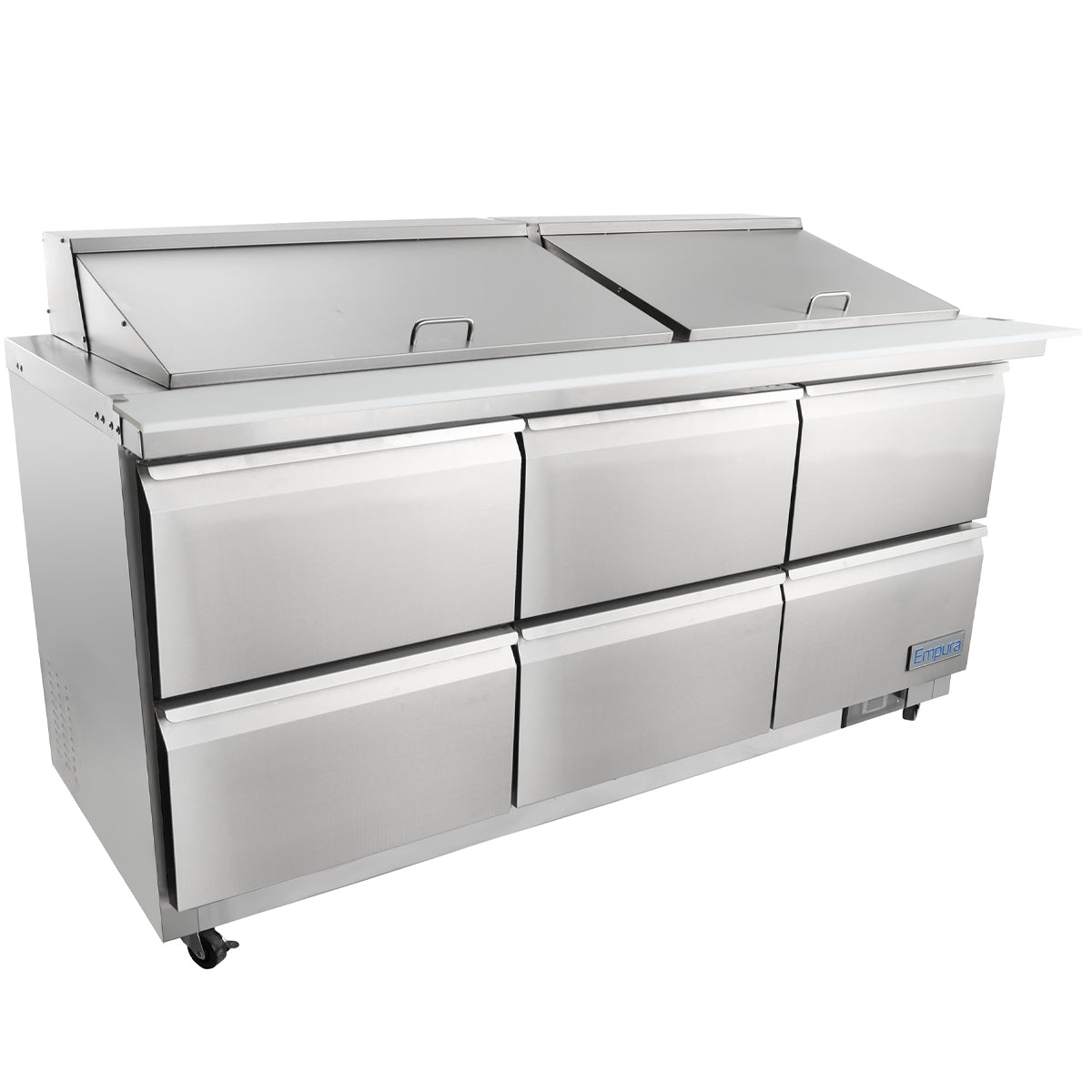 A large commercial Empura refrigeration unit with six pull-out drawers and two hinged top lids, designed for food storage. This salad mega top prep table features a flat workspace, sits on wheels, and has a blue brand logo on the lower right corner.