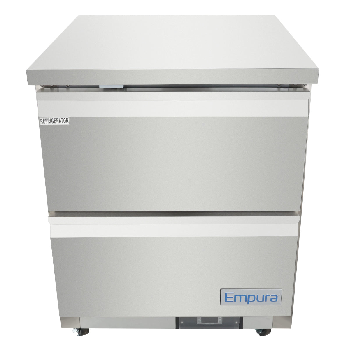 A stainless steel Empura refrigeration 2 drawer refrigerator features a flat top surface. The upper drawer is labeled “REFRIGERATOR,” and the lower displays the “Empura” logo. This undercounter reach-in refrigerator stands on small wheels with a minimalist, industrial design.