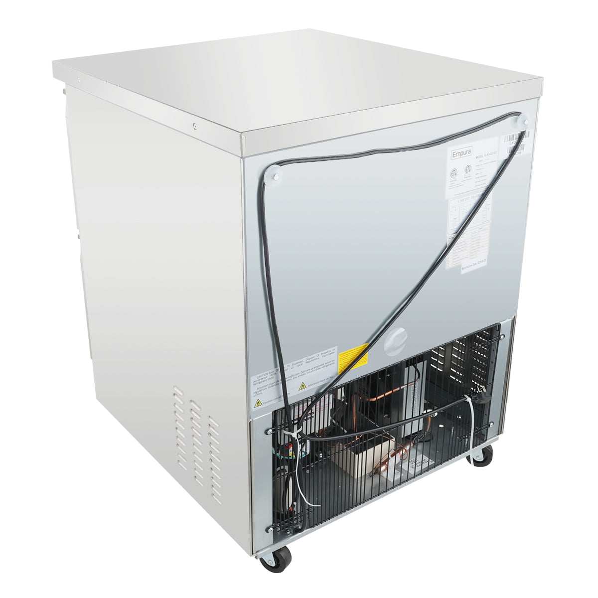 A commercial stainless steel ice machine by Empura refrigeration is shown from the back. The lower panel is open, exposing internal wiring, a fan, and cooling components. Similar to an undercounter reach-in refrigerator, it’s on casters with caution labels attached.