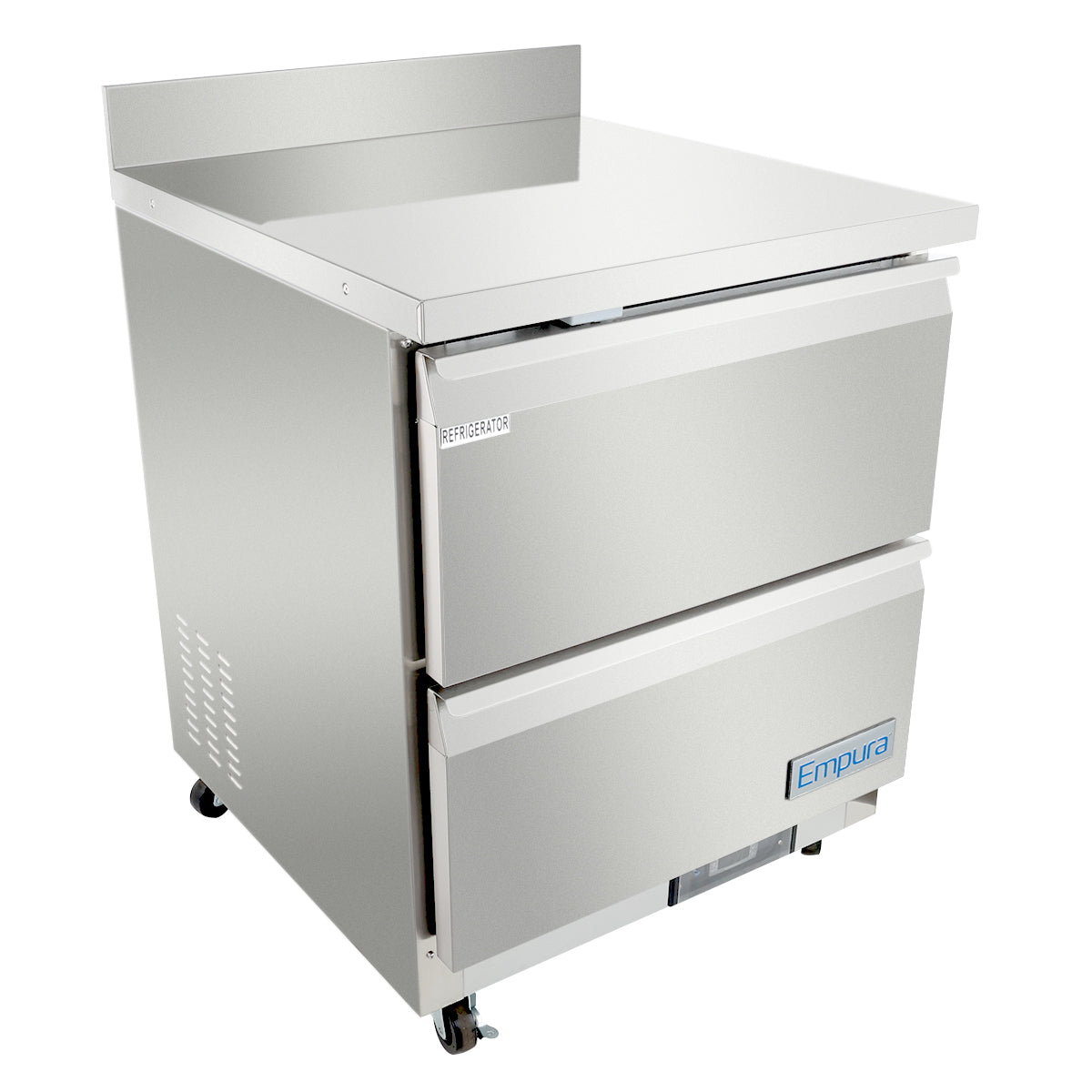 A stainless steel Empura Refrigeration undercounter reach-in refrigerator with two pull-out drawers and wheels. Featuring a flat work top, raised back edge, and the Empura logo on the bottom drawer, it's ideal for kitchen or restaurant use.