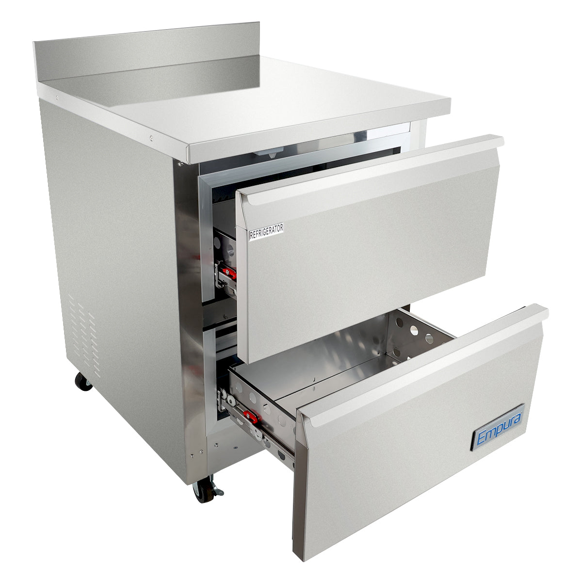 This stainless steel Empura Refrigeration undercounter reach-in refrigerator features two large pull-out drawers, smooth work top with raised back edge, and is mounted on wheels. The Emura logo is displayed on the lower drawer front.