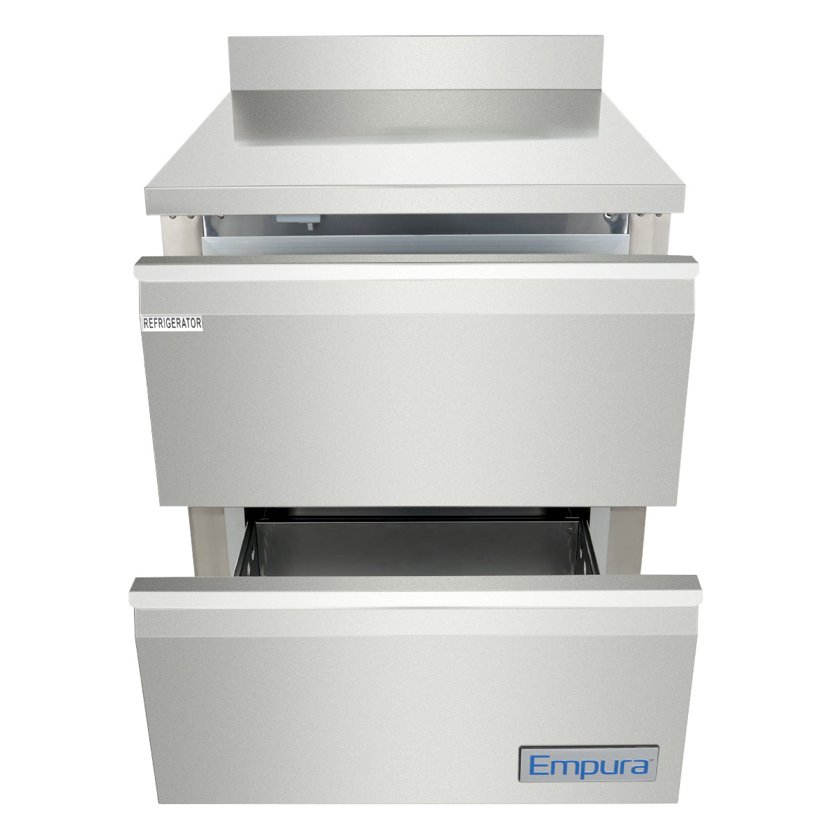 A stainless steel Empura refrigeration work top refrigerator features two slightly open drawers—one labeled Refrigerator and the other showing the Empura logo—with spacious interior storage. This undercounter reach-in refrigerator boasts a clean, modern design.
