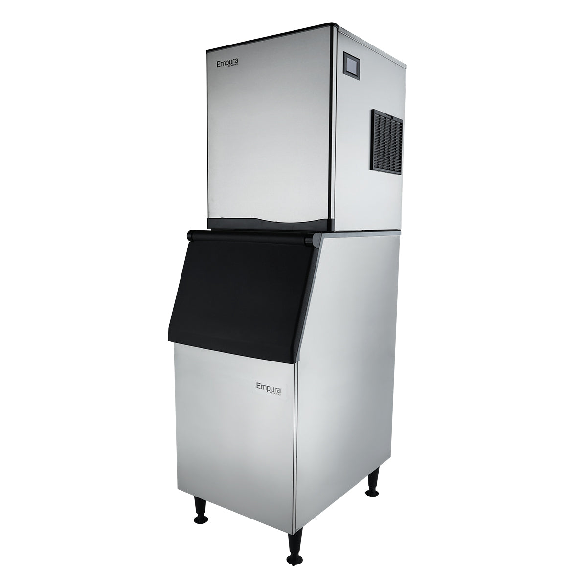 A commercial full cube ice maker with a boxy top ice-making unit and a lower commercial ice bin featuring a black lid. The appliance stands on four legs and boasts a sleek, modern design with ventilation grilles on the side.
