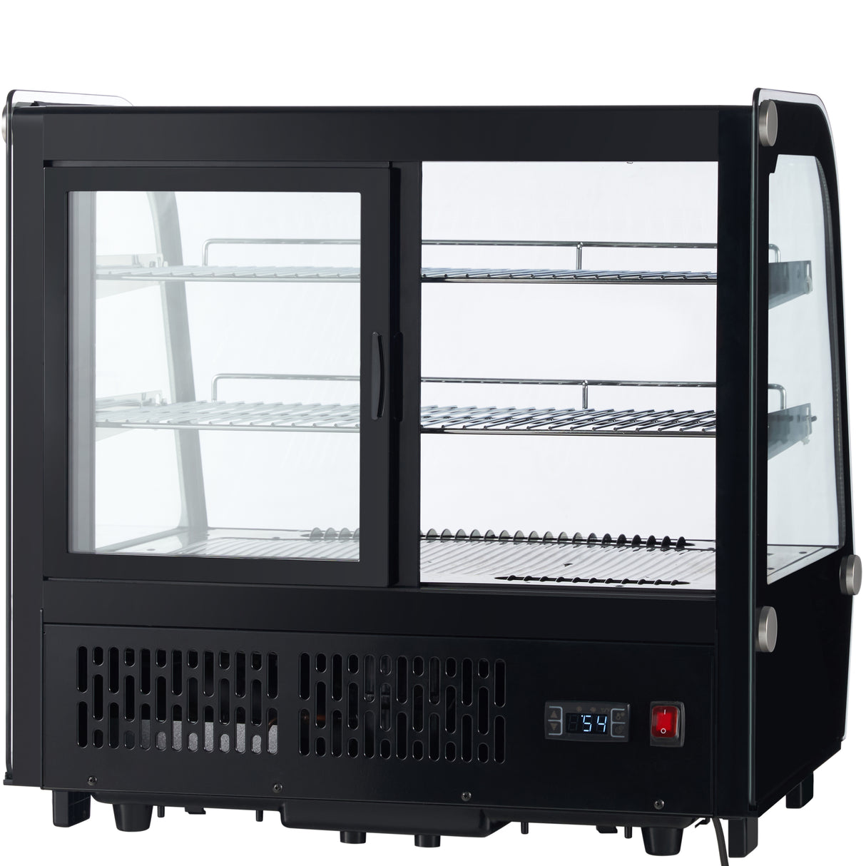 An Empura refrigeration countertop display refrigerator in black and silver features sliding glass doors, two wire shelves, a vented base, and a digital temperature display reading 3.5°C, all set against a white background.