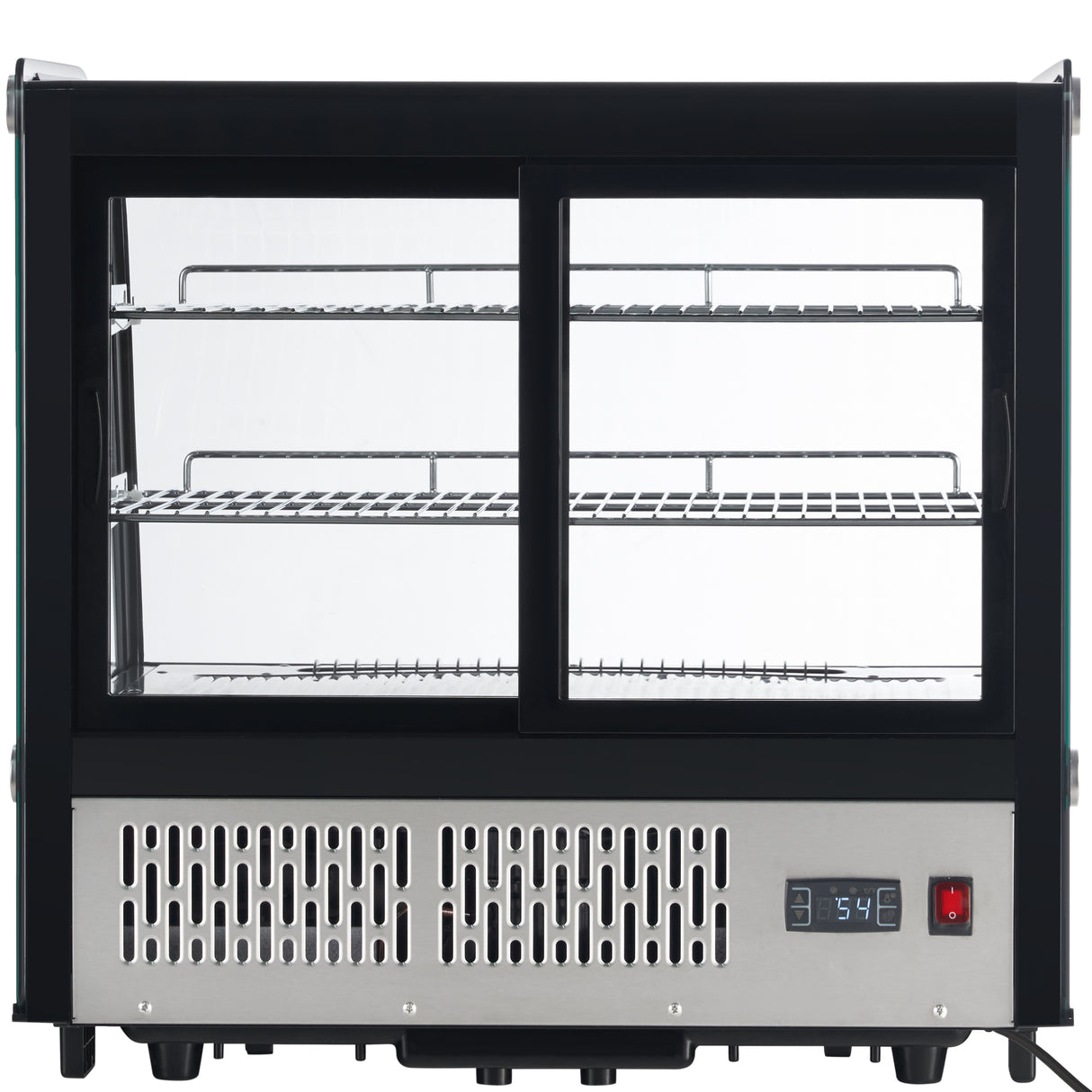 A commercial Empura refrigerated display case with two glass sliding doors, three metal shelves, and a stainless steel base. The digital control panel shows the temperature on the lower right corner. The unit is empty and well-lit, ready for food or drinks.