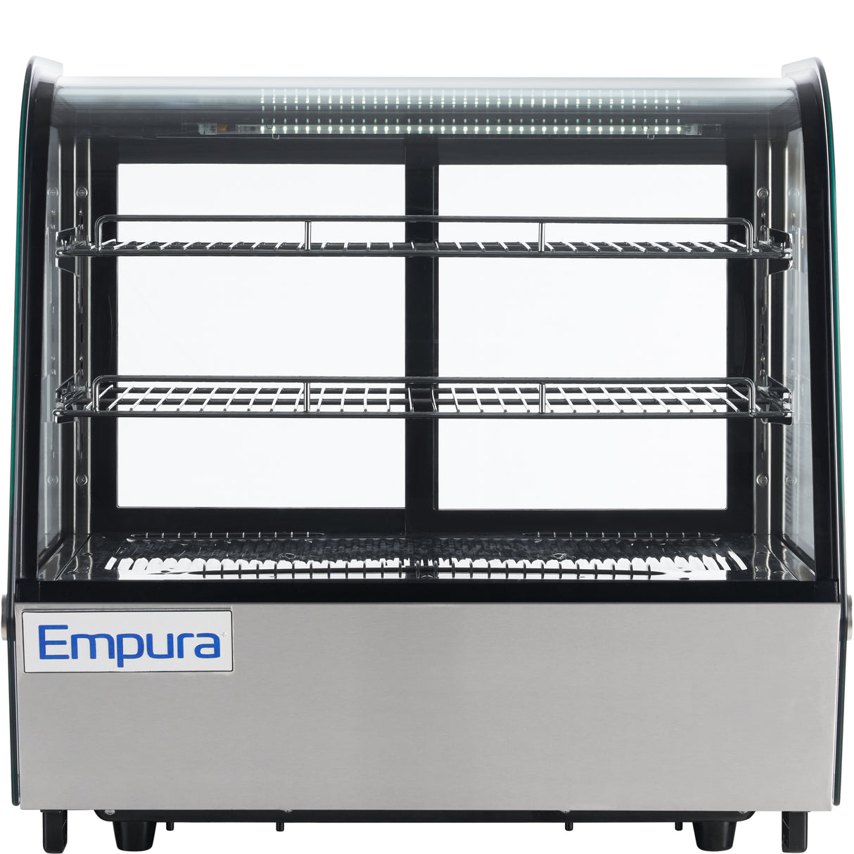 A commercial Empura refrigerated display case with a curved glass front, three chrome wire shelves, interior lighting, and stainless steel base. This countertop display refrigerator is perfect for showcasing food or desserts.